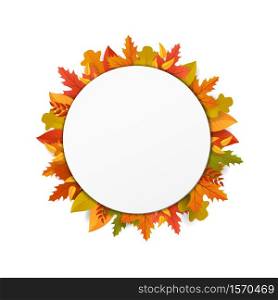 Fall banner for autumn sale. Vector round label with leaves for thanksgiving day. Foliage badge design. October voucher sign. Blank offer poster.. Fall banner for autumn sale. Vector round label with leaves for thanksgiving day. Foliage badge design. October voucher sign. Blank offer poster