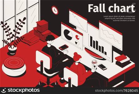 Fall chart isometric background composition with office scenery and workers watching stock graphs on computer screens vector illustration
