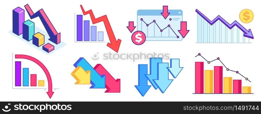 Fall down chart. Finance crisis, business problem and economy drop. Down arrow graph, loss and decrease income. Profit declining vector set. Crisis economy, arrow down, problem decrease illustration. Fall down chart. Finance crisis, business problem and economy drop. Down arrow graph, loss and decrease income. Profit declining vector set