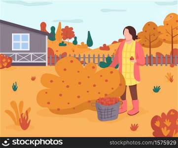 Fall garden semi flat vector illustration. Woman take berry from bush. Autumn season harvest in backyard. Countryside recreation. Female gardener 2D cartoon characters for commercial use. Fall garden semi flat vector illustration