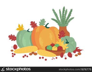 Fall harvest semi flat color vector objects. Fresh pumpkin and corns. Decorative items on white. Autumnal crop isolated modern cartoon style illustration for graphic design and animation. Fall harvest semi flat color vector objects