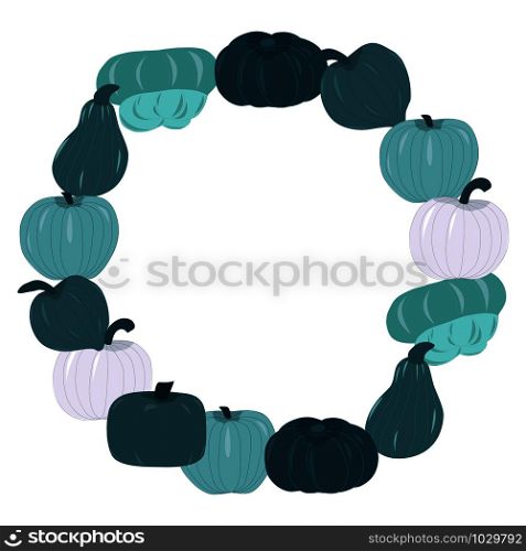 Fall harvest wreath with blue pumpkins. Circle frame with varities of winter squashes. Vector Illustration.. Circle frame with varities of blue squashes