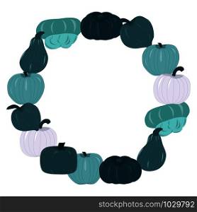 Fall harvest wreath with blue pumpkins. Circle frame with varities of winter squashes. Vector Illustration.. Circle frame with varities of blue squashes