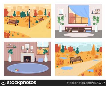 Fall in city flat color vector illustration set. Living room with fireplace. Public park with rain and puddles. Urban living 2D cartoon interior and landscape with autumn background collection. Fall in city flat color vector illustration set