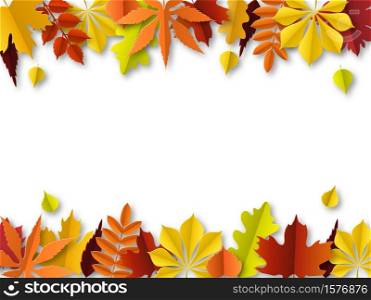 Fall leaves concept. Autumn border, paper cut frame of green, orange and red leaf. Thanksgiving golden foliage decoration. Seasonal botanical elements vector abstract background with copy space. Fall leaves concept. Autumn border, paper cut frame of orange and red leaf. Thanksgiving foliage decoration. Seasonal botanical elements vector abstract background with copy space