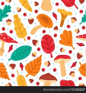 Fall leaves seamless pattern. Hand drawn forest autumn berries, acorns and mushrooms, cozy doodle botanical vector background illustration. Nature background seamless pattern, autumn forest drawing