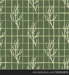 Fall palette seamless pattern with white contoured branches shapes. Green olive background with check. Decorative backdrop for fabric design, textile print, wrapping, cover. Vector illustration.. Fall palette seamless pattern with white contoured branches shapes. Green olive background with check.