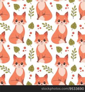 Fall pattern with fox. Seamless woodland pattern with leaves and cute forest animal on white background. Vector illustration