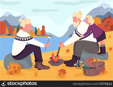 Fall picnic flat color vector illustration. Mother and father roast marshmallows with daughter. Autumn vacation on mountainside. Nordic family 2D cartoon characters with landscape on background. Fall picnic flat color vector illustration