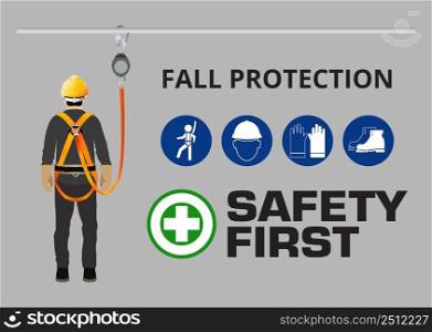 Fall Protection, Construction worker safety first, vector design