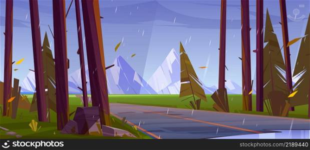 Fall rain in forest with road and mountains on horizon. Vector cartoon illustration of autumn landscape with car highway, coniferous trees, green grass and rocks at rainy weather. Fall rain in forest with road and mountains
