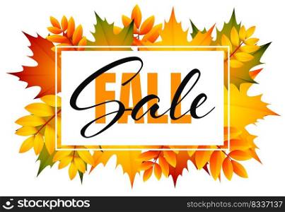 Fall sale flyer design with bunch of autumn leaves. Text on white card in frame with bunch of orange, red and yellow leaves. Vector illustration can be used for banners, posters, ads, promo