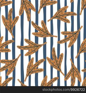 Fall seamless doodle pattern with orange falling foliage print. Leaves ornament on white and blue striped background. Great for fabric design, textile print, wrapping, cover. Vector illustration.. Fall seamless doodle pattern with orange falling foliage print. Leaves ornament on white and blue striped background.
