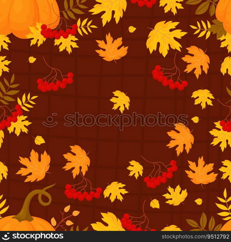 Fall seamless pattern. Bunches red rowan berry with autumn leaves with pumpkin on brown checkered background. Vector autumnal illustration for design, packaging, wallpaper and textile