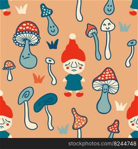 Fall seamless pattern with gnomes and agaric mushrooms. Perfect boho print for tee, textile, paper and fabric. Hand drawn vector illustration for surface design.