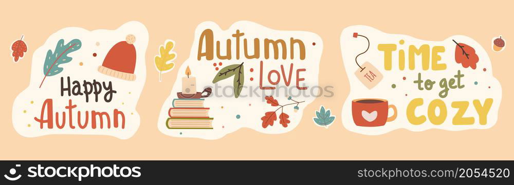 Fall season handwritten slogan stickers pack. Autumn phrases with cute and cozy design elements decorative bundle. Vector illustration. Fall season handwritten slogan stickers pack. Autumn phrases with cute and cozy design elements decorative bundle.