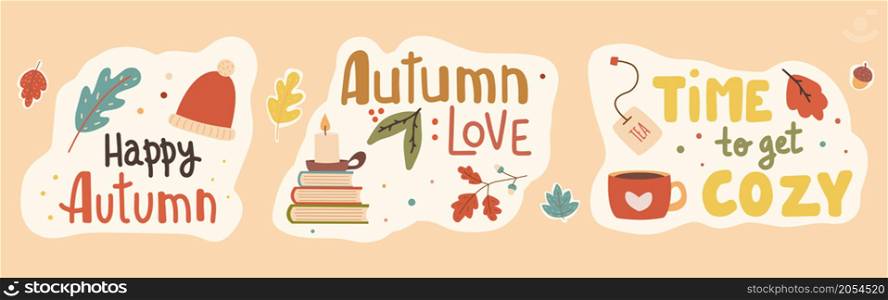 Fall season handwritten slogan stickers pack. Autumn phrases with cute and cozy design elements decorative bundle. Vector illustration. Fall season handwritten slogan stickers pack. Autumn phrases with cute and cozy design elements decorative bundle.