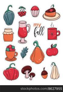 Fall stickers set in cartoon style. Autumn aesthetics hand drawn collection. Print and cut illustrations to decorate your diary and notes. Bundle of stickers isolated vector illustration. Fall stickers set in cartoon style