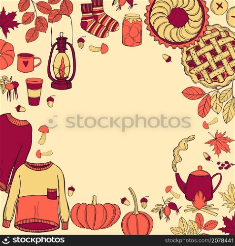 Fall vector background with warm sweaters, drinks and pies. Autumn mood. Sketch illustration.. Fall vector background with warm sweaters, drinks and pies.