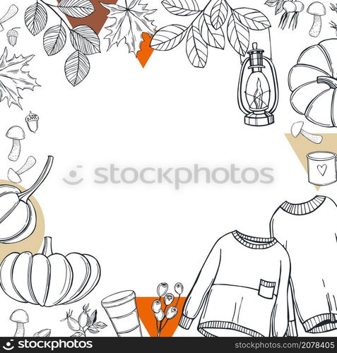 Fall vector background with warm sweaters, drinks and pumpkins. Autumn mood. Sketch illustration.. Fall vector background. Autumn mood. Sketch illustration.