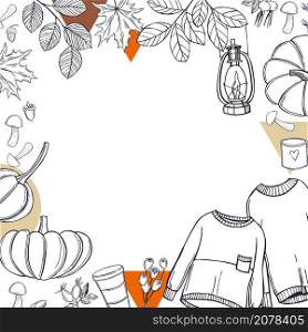 Fall vector background with warm sweaters, drinks and pumpkins. Autumn mood. Sketch illustration.. Fall vector background. Autumn mood. Sketch illustration.