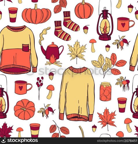 Fall vector pattern with warm sweaters, drinks and pies. Autumn mood. Sketch illustration.. Autumn set. Vector pattern.