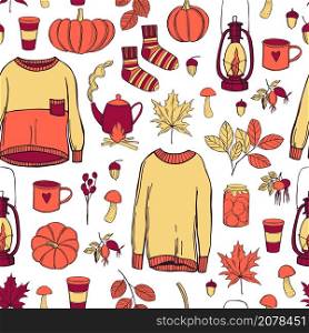 Fall vector pattern with warm sweaters, drinks and pies. Autumn mood. Sketch illustration.. Autumn set. Vector pattern.