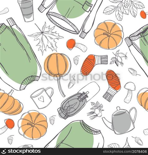 Fall vector pattern with warm sweaters, drinks and pumpkin. Autumn mood. Sketch illustration.. Autumn set. Vector pattern.