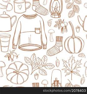 Fall vector pattern with warm sweaters, drinks and pumpkins. Autumn mood. Sketch illustration.. Autumn set. Vector pattern.