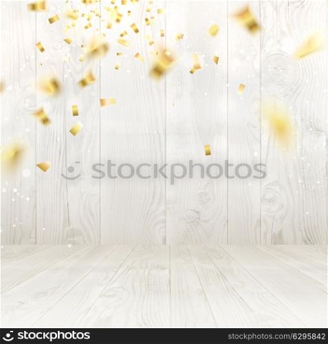 Fallen curves of ribbon confetti over wooden background. Vector illustration.