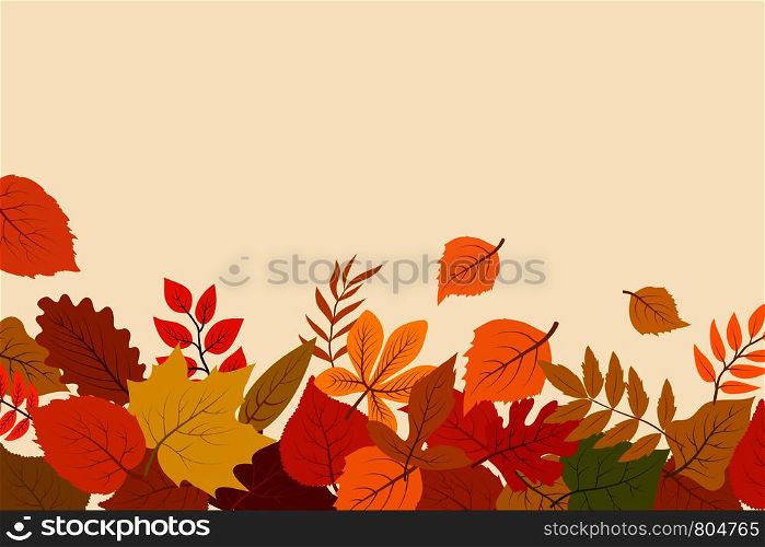 Fallen gold and red autumn leaves. October nature vector abstract background with foliage border. Autumn gold leaf poster and banner illustraion. Fallen gold and red autumn leaves. October nature vector abstract background with foliage border