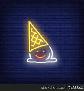 Fallen ice-cream cone character neon sign. Dessert, cafe and fail concept. Advertisement design. Night bright colorful billboard, light banner. Vector illustration in neon style.