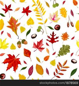 Falling autumn leaves, seasonal foliage with acorns and chestnuts seamless pattern. Maple and oak, botanical flora, repeatable plants decoration. Deciduous bunches of leafage, vector in flat style. Autumn leaves, acorns and chestnut seamless pattern vector