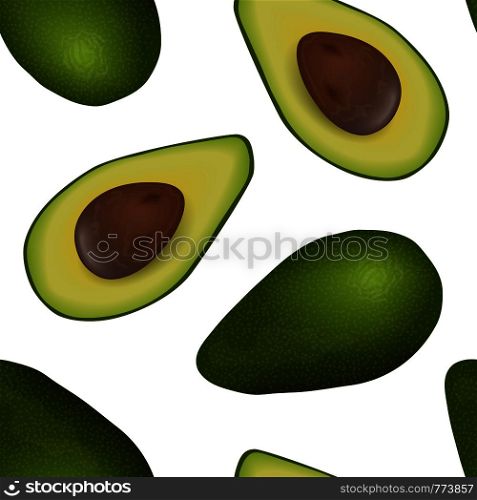 Falling Avocado seamless vector pattern ripe raw fruit. Persea americana exotic whole and halved. seed. Juicy flesh. background. Super food, cosmetology, health care, for prints, textile, web, wrapping. Falling Avocado seamless vector pattern ripe raw fruit. Persea americana exotic whole and halved