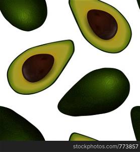 Falling Avocado seamless vector pattern ripe raw fruit. Persea americana exotic whole and halved. seed. Juicy flesh. background. Super food, cosmetology, health care, for prints, textile, web, wrapping. Falling Avocado seamless vector pattern ripe raw fruit. Persea americana exotic whole and halved