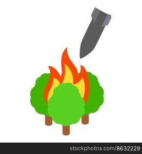 Falling bomb icon isometric vector. Falling war rocket and three burning tree. Armed military conflict, war and confrontation, air attack, military actions, bombardment. Falling bomb icon isometric vector. Falling war rocket and three burning tree