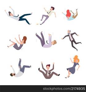 Falling business characters. Busy people male and female in costumes flying fast moving and falling accident problems exact vector persons isolated. Illustration activity in air, dreaming and gravity. Falling business characters. Busy people male and female in costumes flying fast moving and falling accident problems exact vector persons isolated