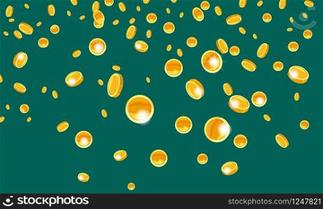 Falling coins, falling money, flying gold coins, golden rain. Jackpot or success concept. Modern background. Vector illustration. Falling flying gold coins money from the top golden rain. On a green background. Jackpot or success concept. Vector illustration isolated