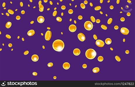 Falling coins, falling money, flying gold coins, golden rain. Jackpot or success concept. Modern background. Vector illustration. Falling flying gold coins money from the top golden rain. On a violet background. Jackpot or success concept. Vector illustration isolated