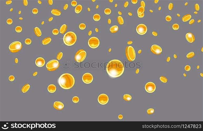 Falling coins, falling money, flying gold coins, golden rain. Jackpot or success concept. Modern background. Vector illustration. Falling flying gold coins money from the top golden rain. On a grey background. Jackpot or success concept. Vector illustration isolated