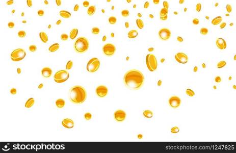 Falling coins, falling money, flying gold coins, golden rain. Jackpot or success concept. Modern background. Vector illustration. Falling flying gold coins money from the top golden rain. On a white background. Jackpot or success concept. Vector illustration isolated