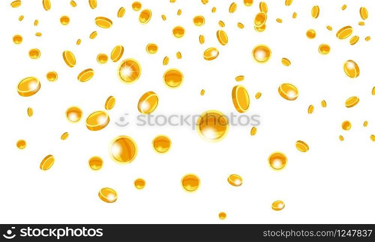 Falling coins, falling money, flying gold coins, golden rain. Jackpot or success concept. Modern background. Vector illustration. Falling flying gold coins money from the top golden rain. On a white background. Jackpot or success concept. Vector illustration isolated