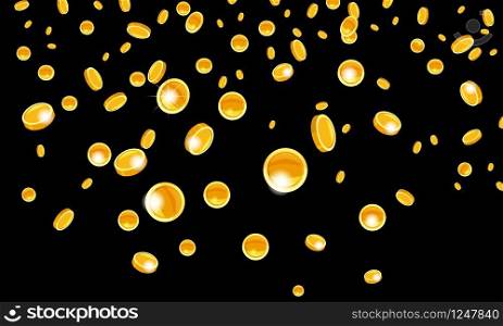 Falling coins, falling money, flying gold coins, golden rain. Jackpot or success concept. Modern background. Vector illustration. Falling flying gold coins money from the top golden rain. On a black background. Jackpot or success concept. Vector illustration isolated