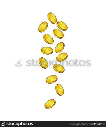 Falling coins, flying gold money, golden rain. Jackpot or success concept. Vector illustration isolated on white background.