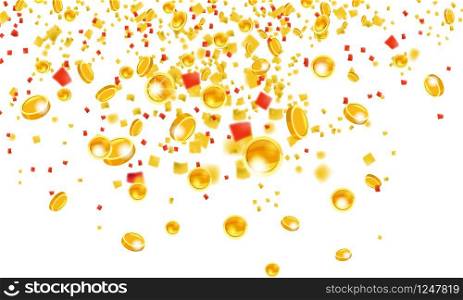 Falling coins with tinsel, falling money, flying gold coins, golden rain. Jackpot or success concept. Modern background. Vector illustration. Falling flying gold coins with tinsel money from the top golden rain. On a white background. Jackpot or success concept. Vector illustration isolated