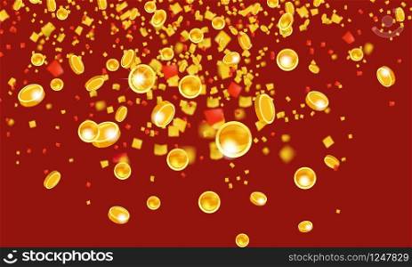 Falling coins with tinsel, falling money, flying gold coins, golden rain. Jackpot or success concept. Modern background. Vector illustration. Falling flying gold coins with tinsel money from the top golden rain. On a red background. Jackpot or success concept. Vector illustration isolated