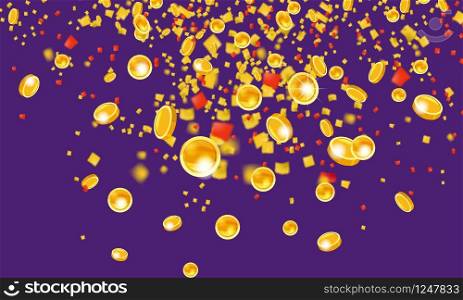Falling coins with tinsel, falling money, flying gold coins, golden rain. Jackpot or success concept. Modern background. Vector illustration. Falling flying gold coins with tinsel money from the top golden rain. On a violet background. Jackpot or success concept. Vector illustration isolated