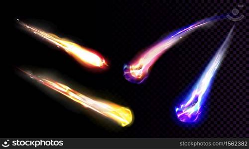 Falling comets, asteroids or meteors with flame trail isolated on transparent background. Vector realistic set of flying glowing meteorites from space, fireballs burning in Earth atmosphere. Falling comets, asteroids or meteors with flame