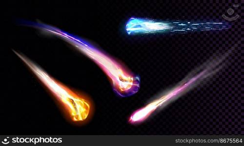 Falling comets, asteroids or meteors with flame trail isolated on transparent background. Vector realistic set of flying glowing meteorites from space, fireballs burning in Earth atmosphere. Falling comets, asteroids or meteors with flame