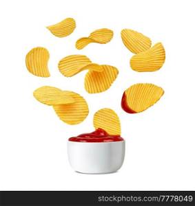 Falling crispy ripple potato chips and ketchup sauce, vector realistic food snack. Baked or ribbed potato chips splash fall into ketchup bowl, fast food or chips appetizer package design. Falling crispy ripple potato chips, ketchup sauce